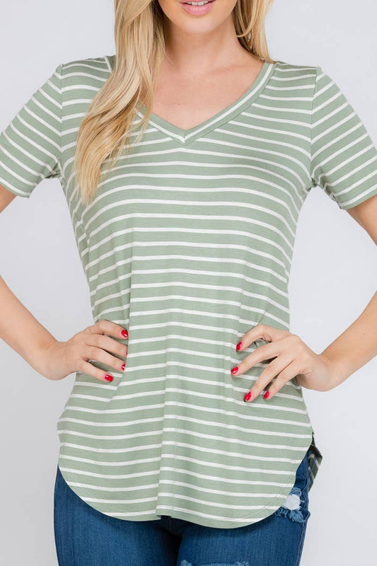 PLUS TOPS: Striped Short Sleeve V Neck Top