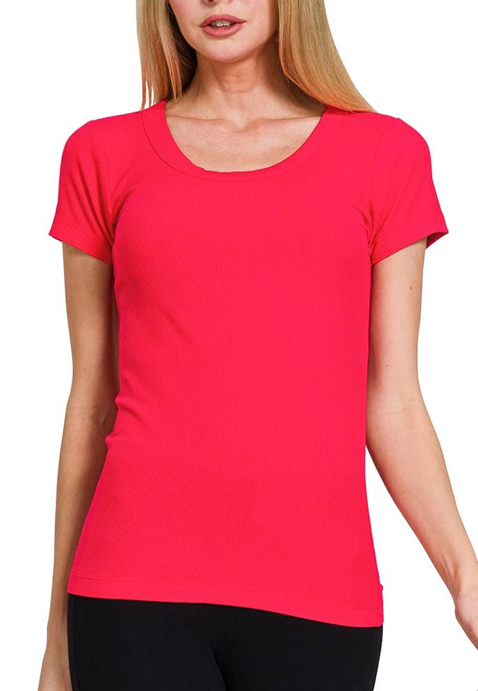 Ribbed Round Neck Short Sleeve Tee Shirts