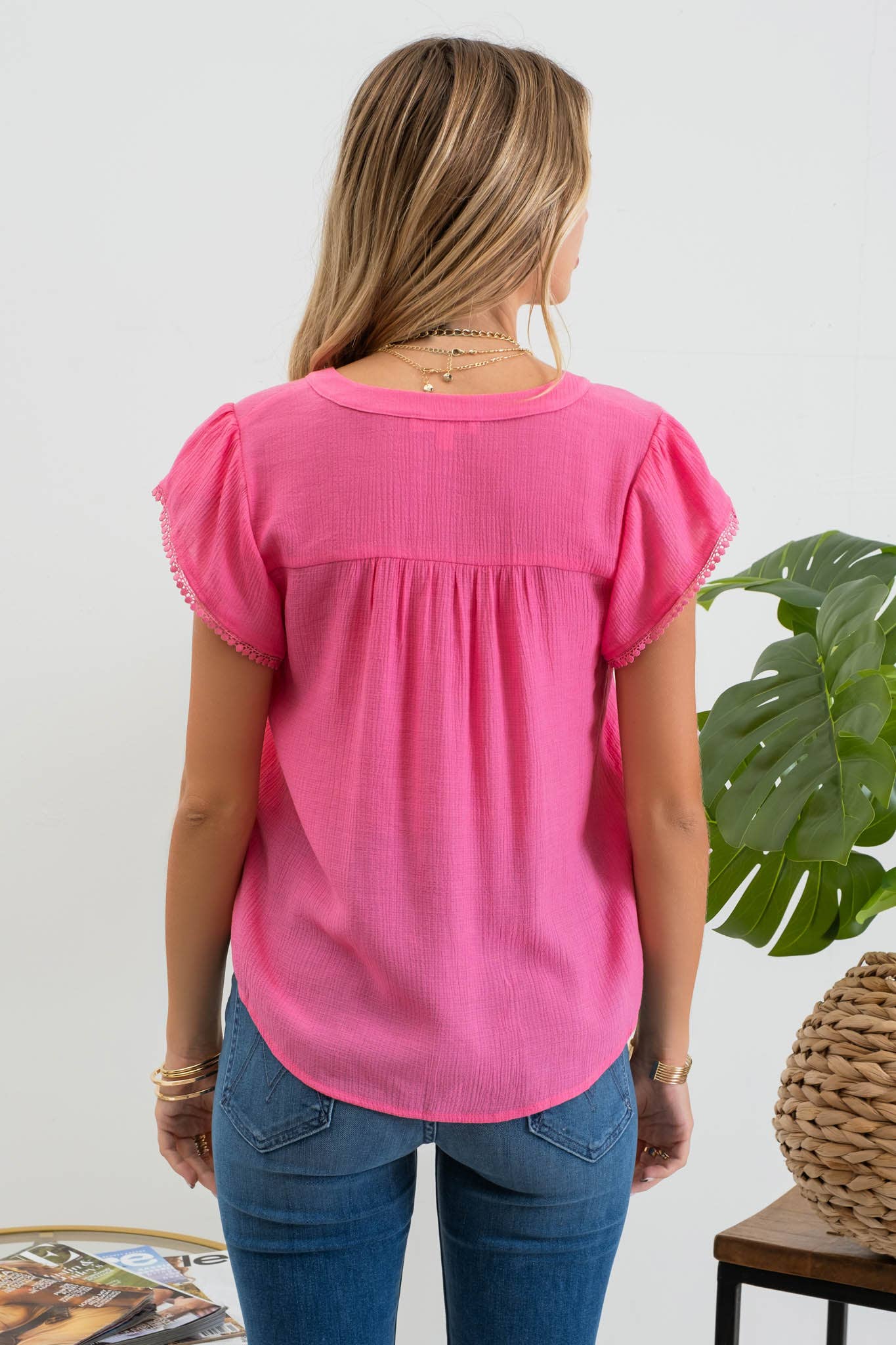 TOPS: SPLIT NECK PETAL TASSEL SLEEVE BLOUSE