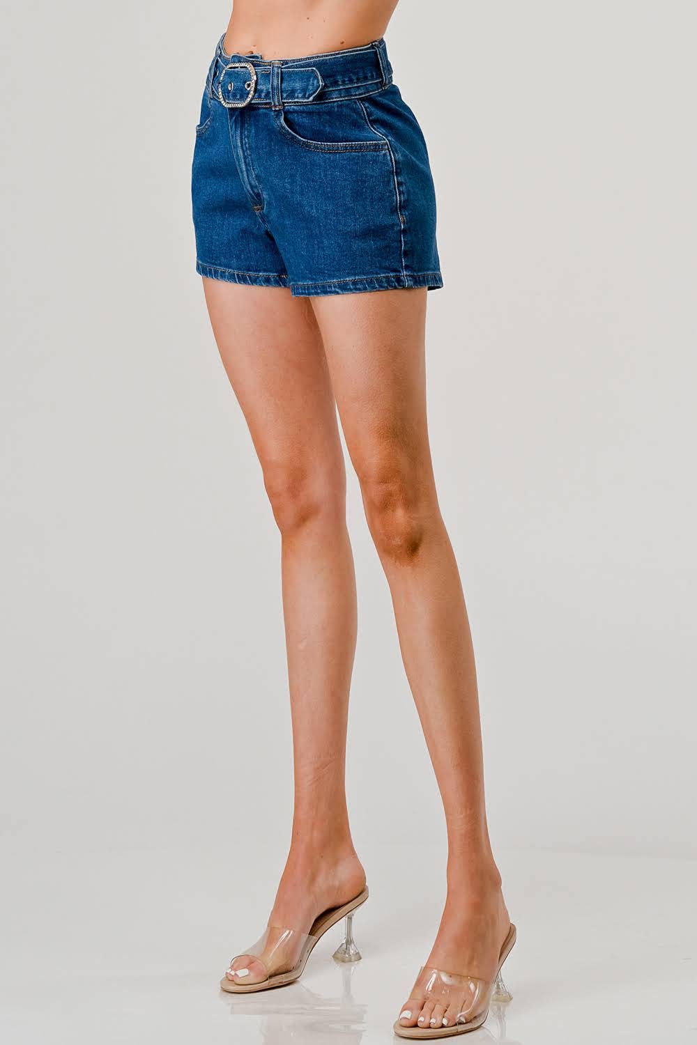BOTTOMS: Shorts I6173HS - Medium Dark Wash - High Rise Belted Denim Shorts