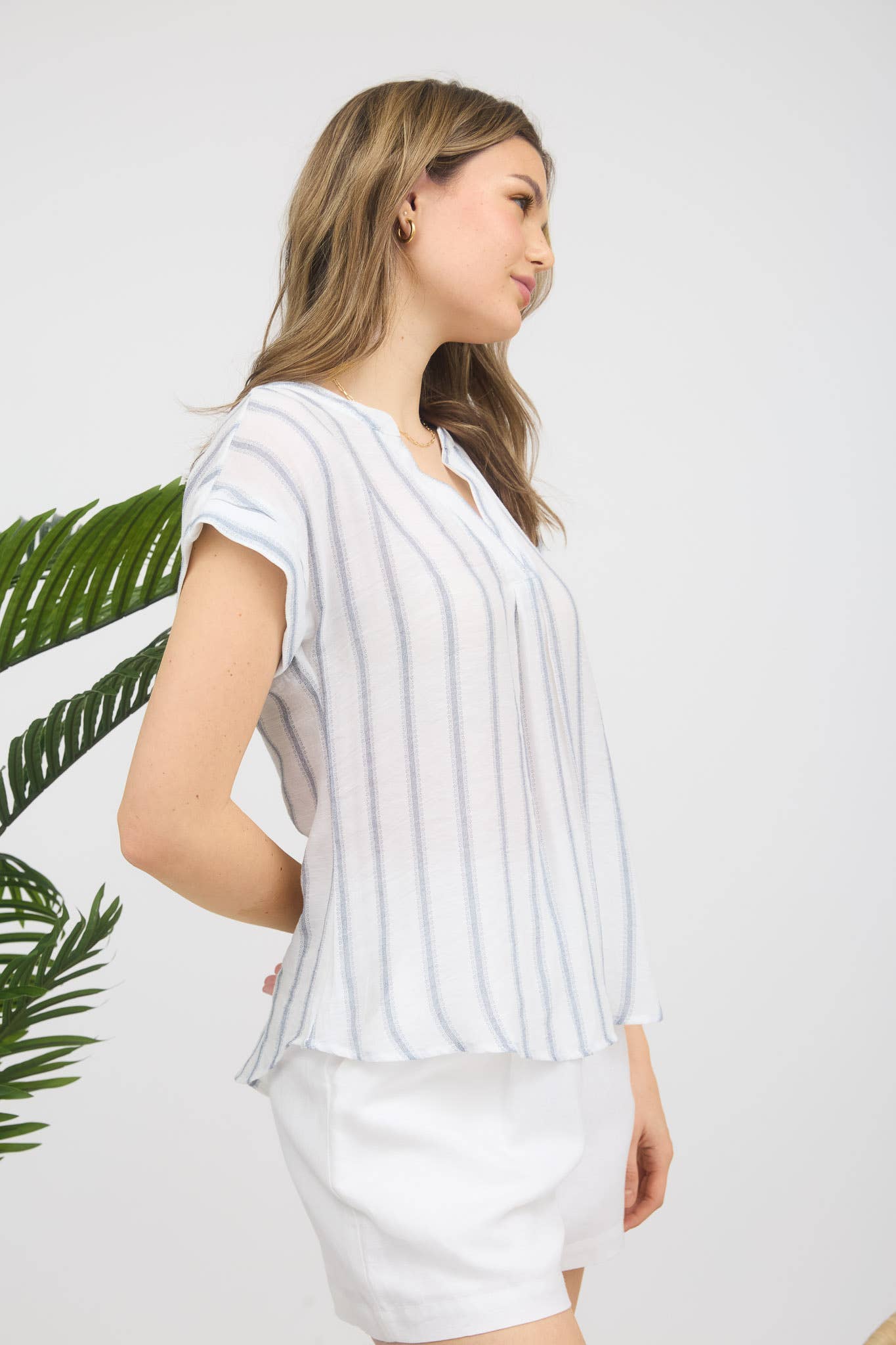 TOPS: STRIPE SPLIT NECK BACK BUTTON SHORT SLEEVE SHIRT