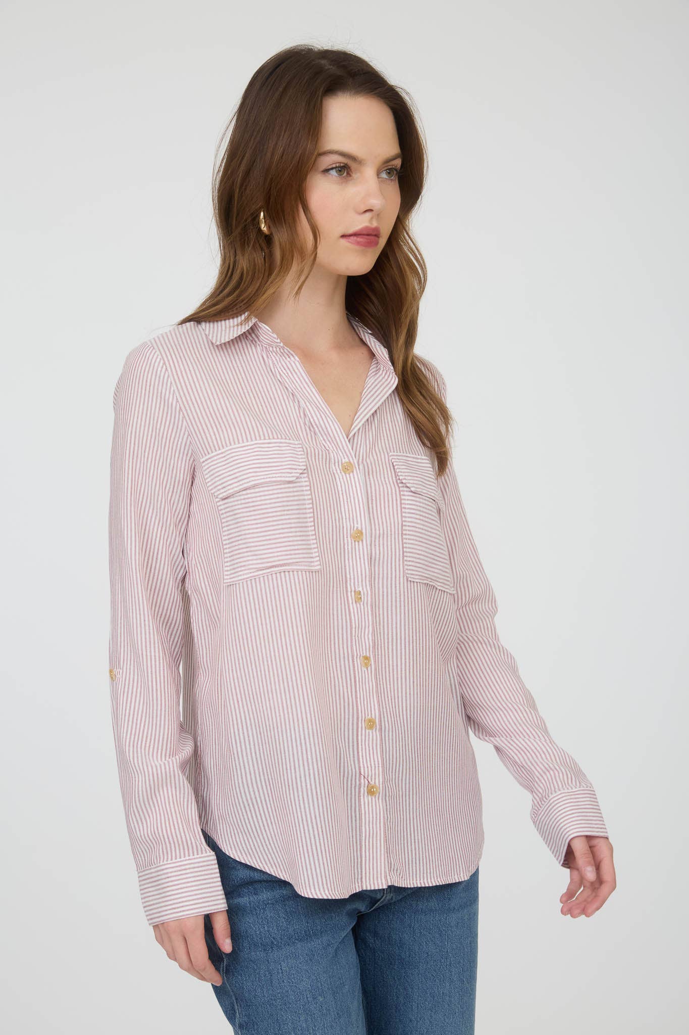 TOPS: STRIPED COLLARED BUTTON DOWN WITH POCKETS: BLACK