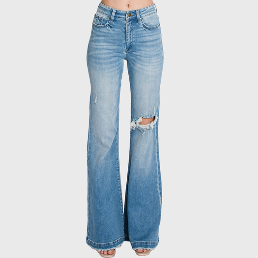 JEANS: (PETITE) DISTRESSED SUPER HIGH RISE 70'S FLARE