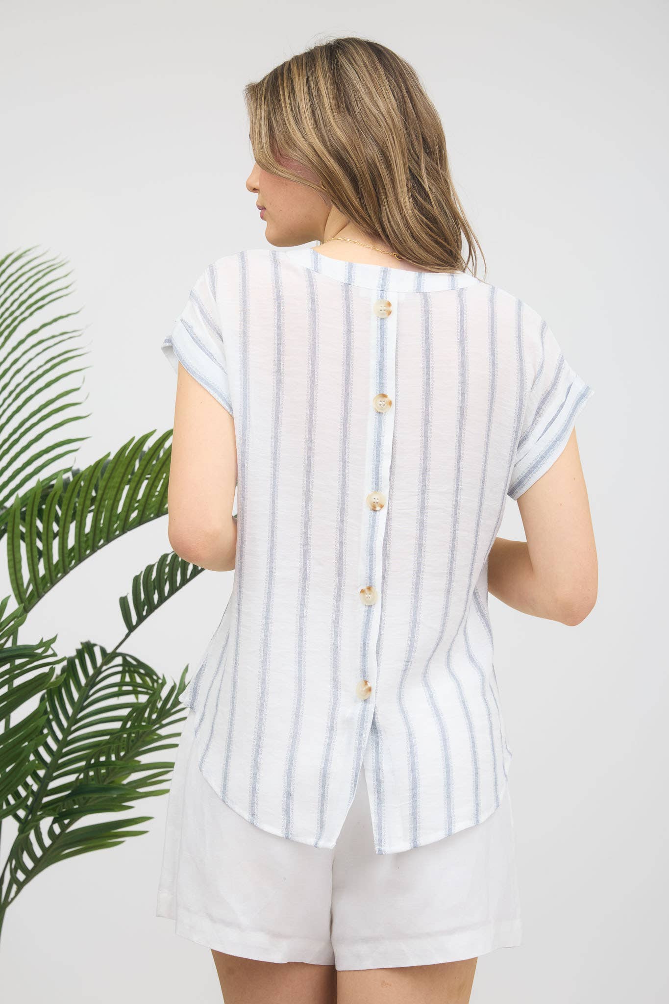 TOPS: STRIPE SPLIT NECK BACK BUTTON SHORT SLEEVE SHIRT