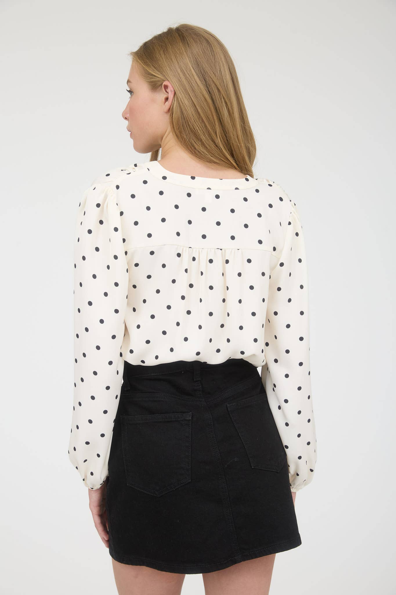 TOPS: POLKA DOT HENLEY LONG SLEEVE BLOUSE