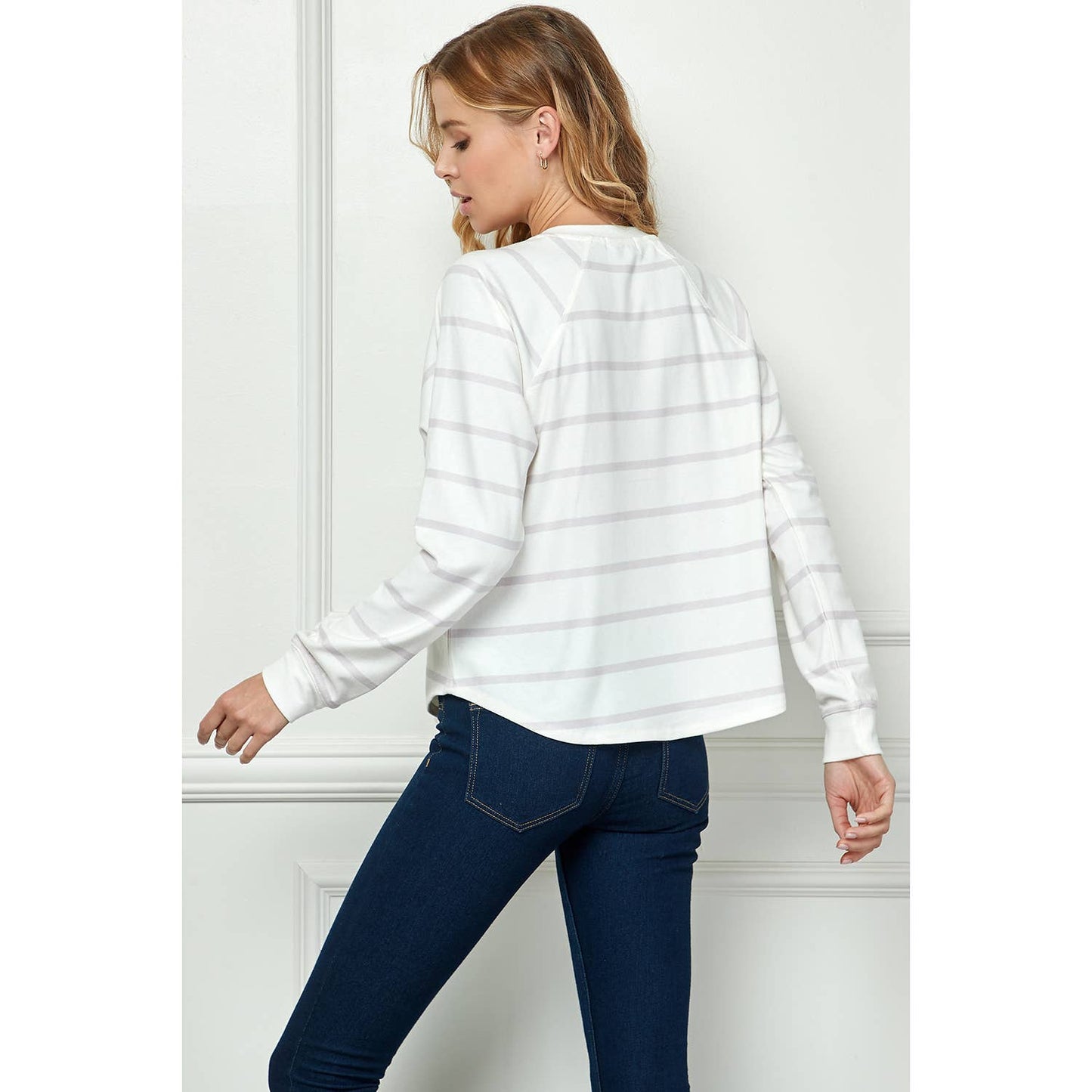 TOPS: LONG SLEEVE STRIPED KNIT TOP WITH BUTTON