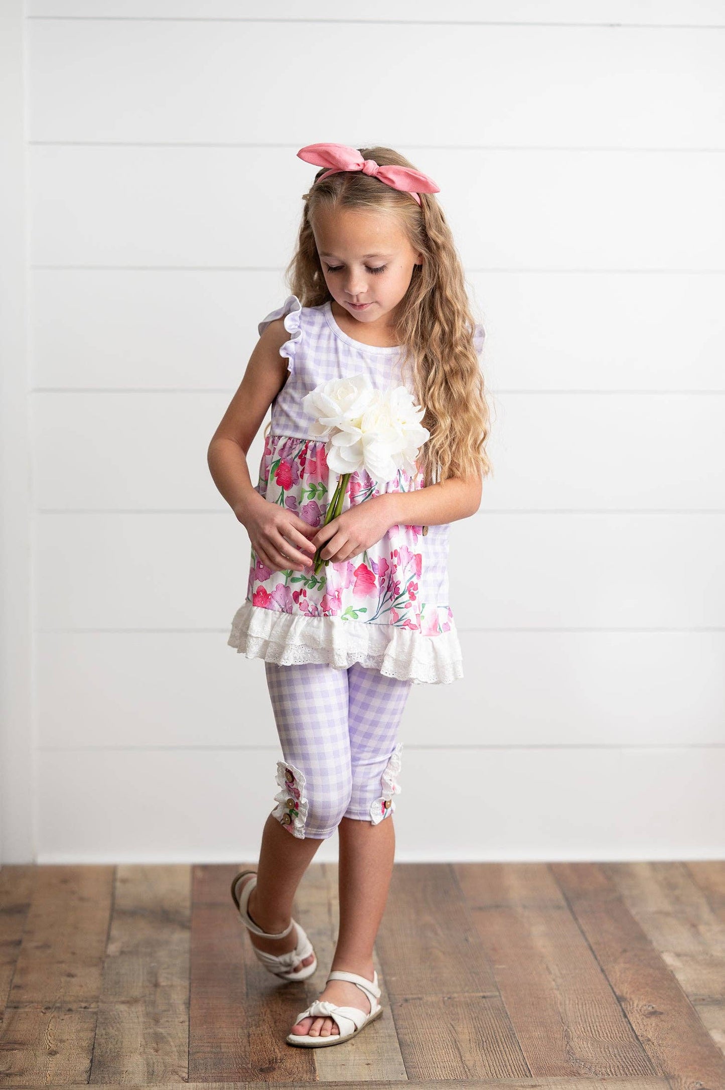 Kids Lavender Gingham & Floral Capri Ruffle Summer Set