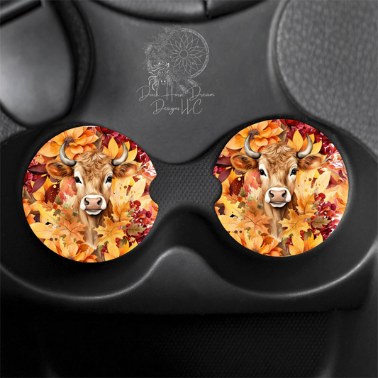 HOME: Fall Coaster Fall Time Leaf Pile Jersey Cow - Spooky Season Car Coasters