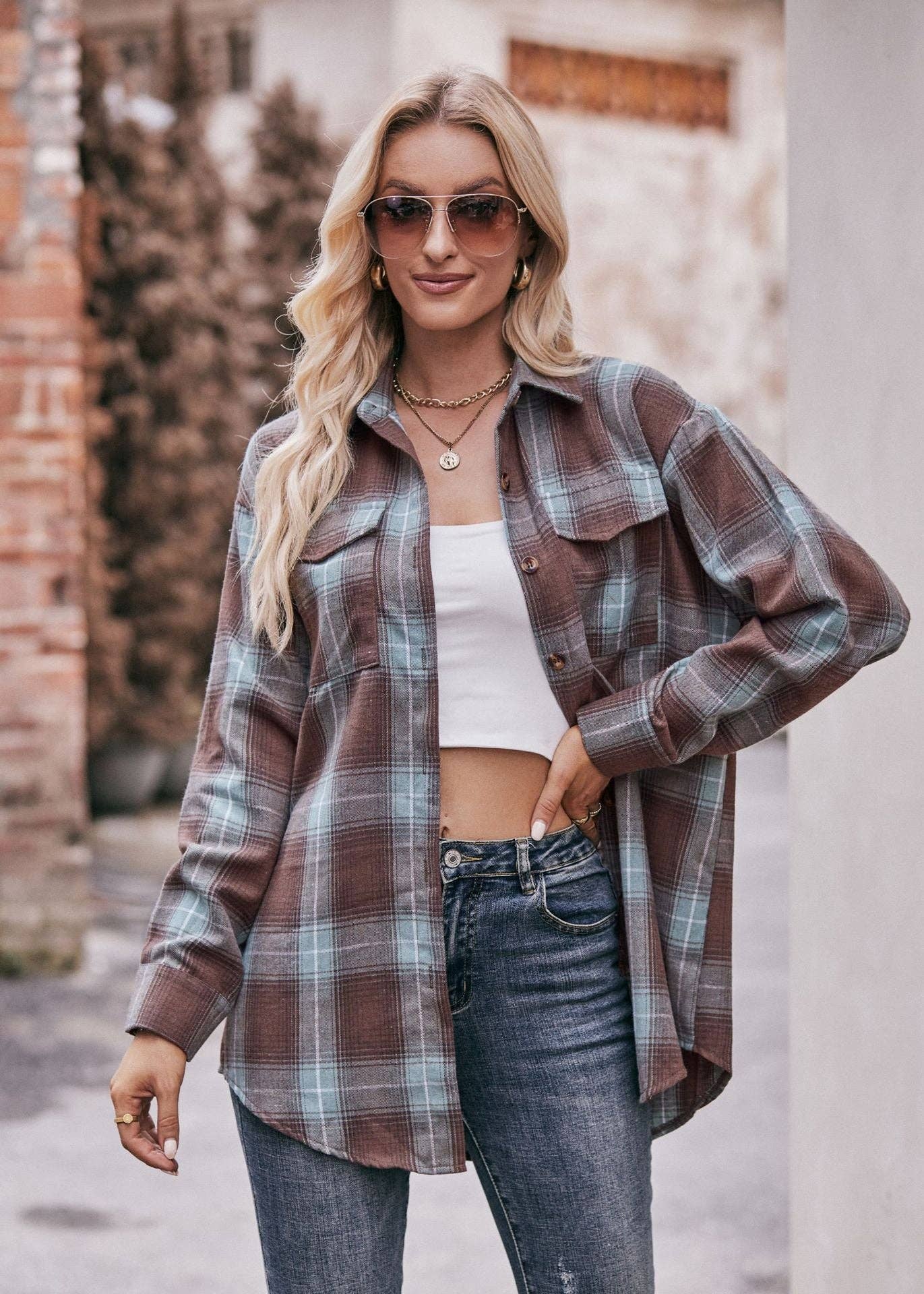 TOPS: Women's Autumn and Winter Casual Fashion Oversized Loose Plaid Shirt