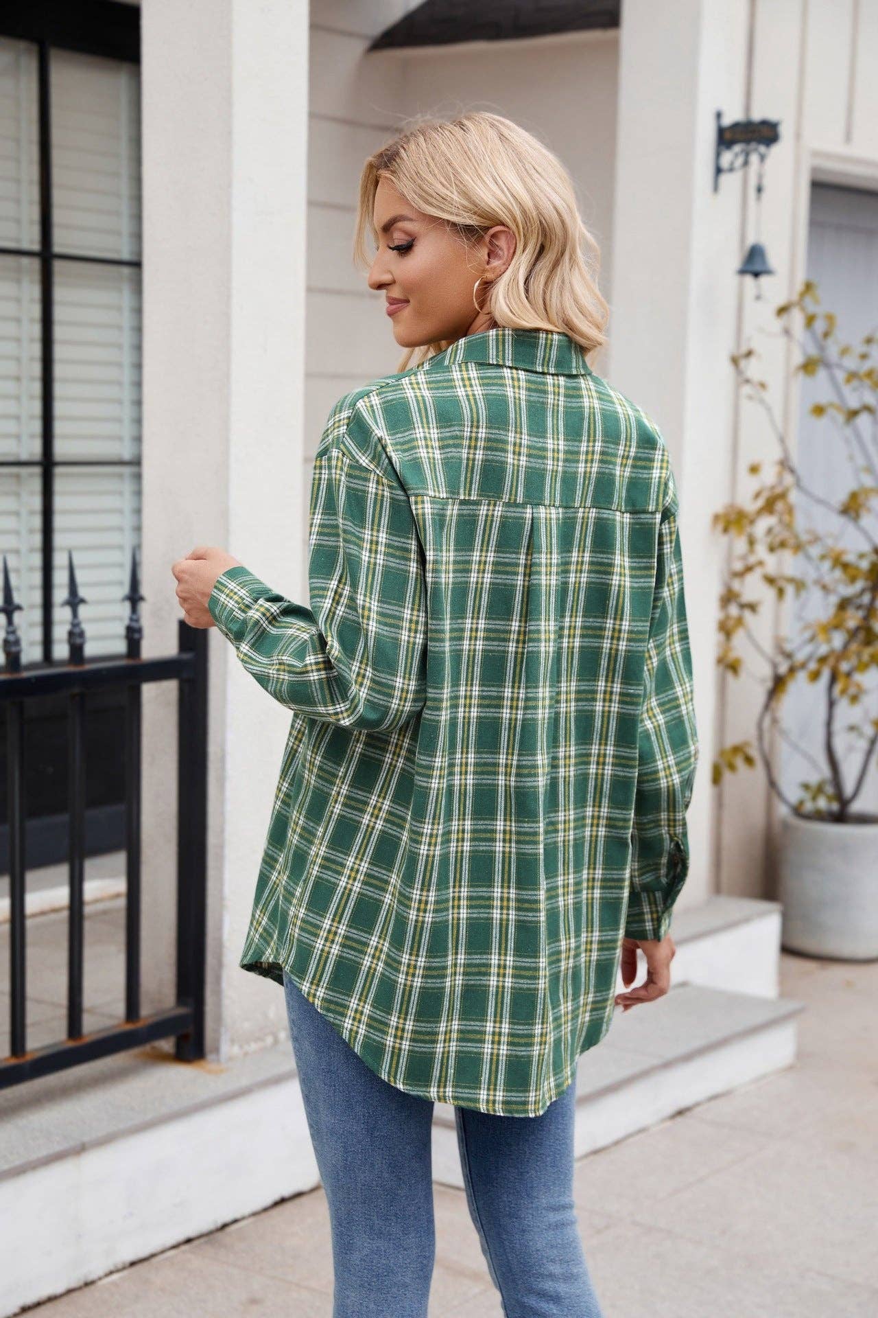 TOPS: Women's New Casual Fashion Loose Plaid Pocket Shirt