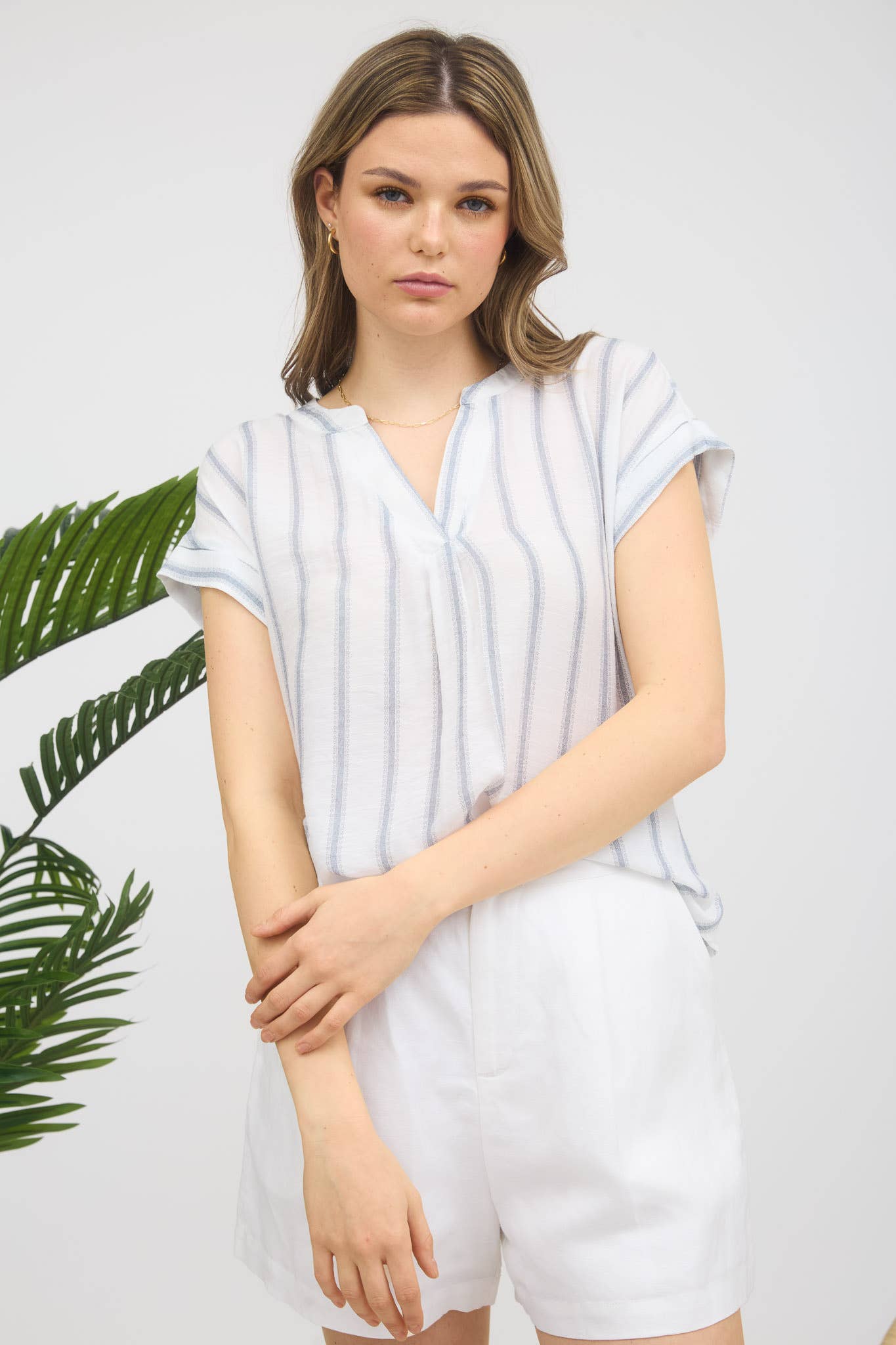 TOPS: STRIPE SPLIT NECK BACK BUTTON SHORT SLEEVE SHIRT