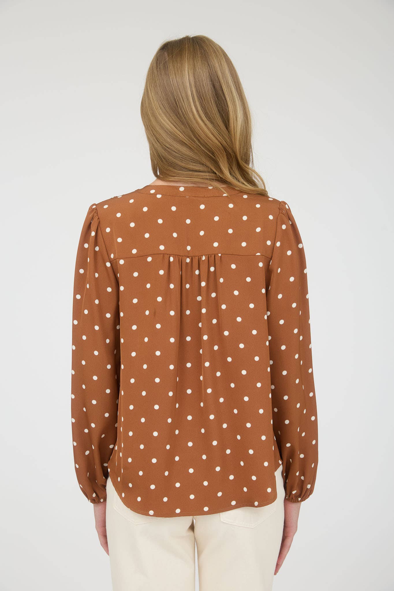 TOPS: POLKA DOT HENLEY LONG SLEEVE BLOUSE
