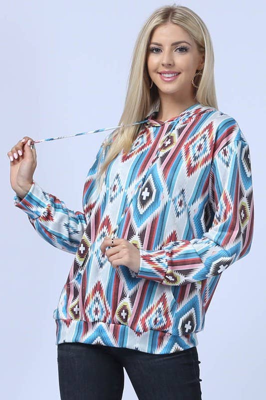 SWEATSHIRT: MANDY AZTEC PRINT FRENCH TERRY HOODIE