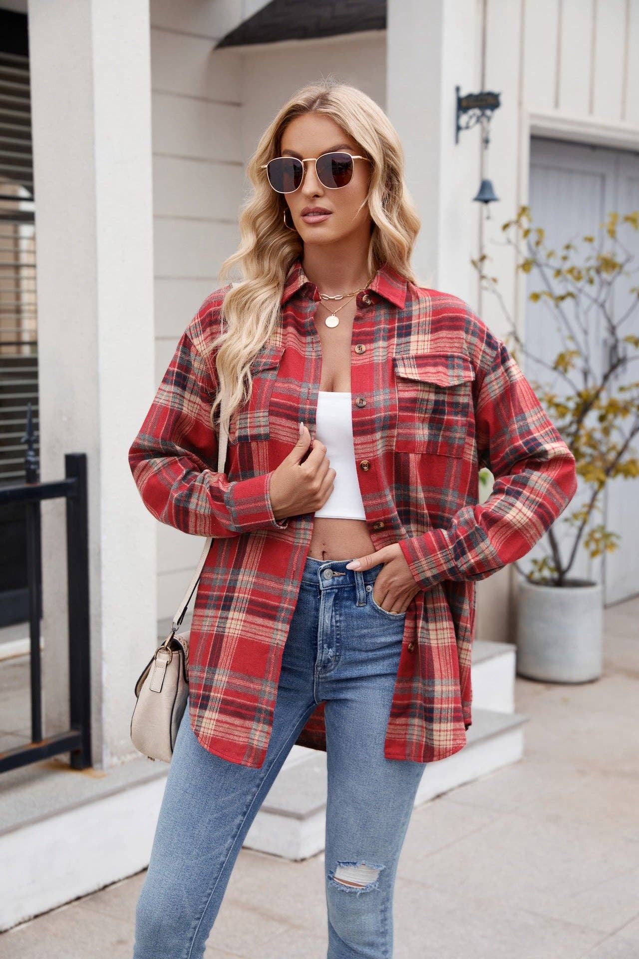 TOPS: Women's New Casual Fashion Loose Plaid Pocket Shirt