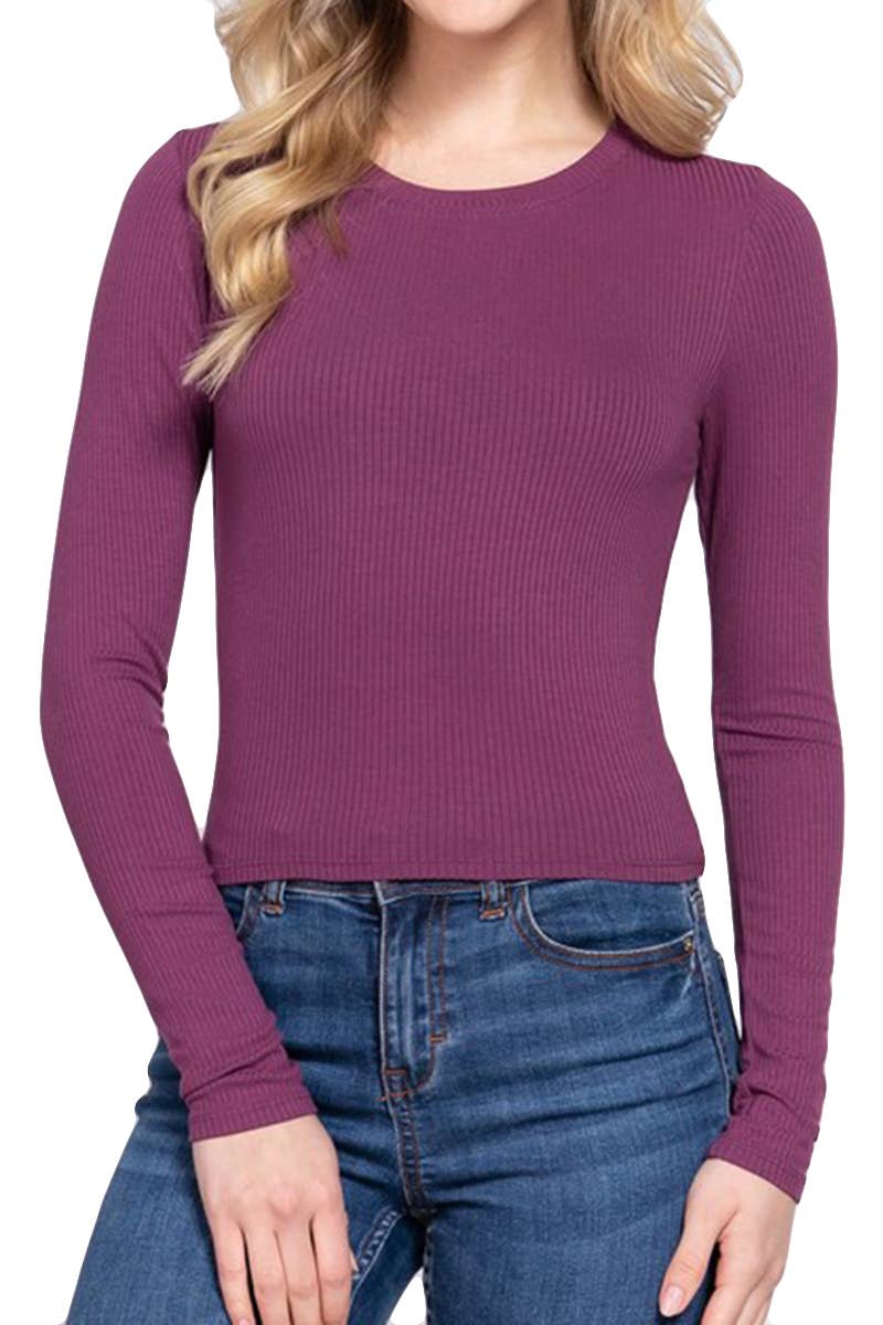 TOPS: Long Sleeve Crew Neck Rib Crop Knit Top