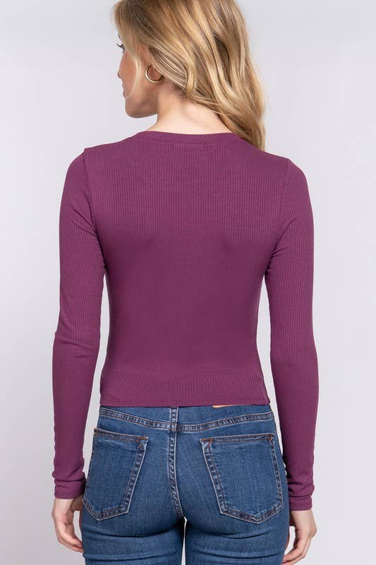 TOPS: Long Sleeve Crew Neck Rib Crop Knit Top
