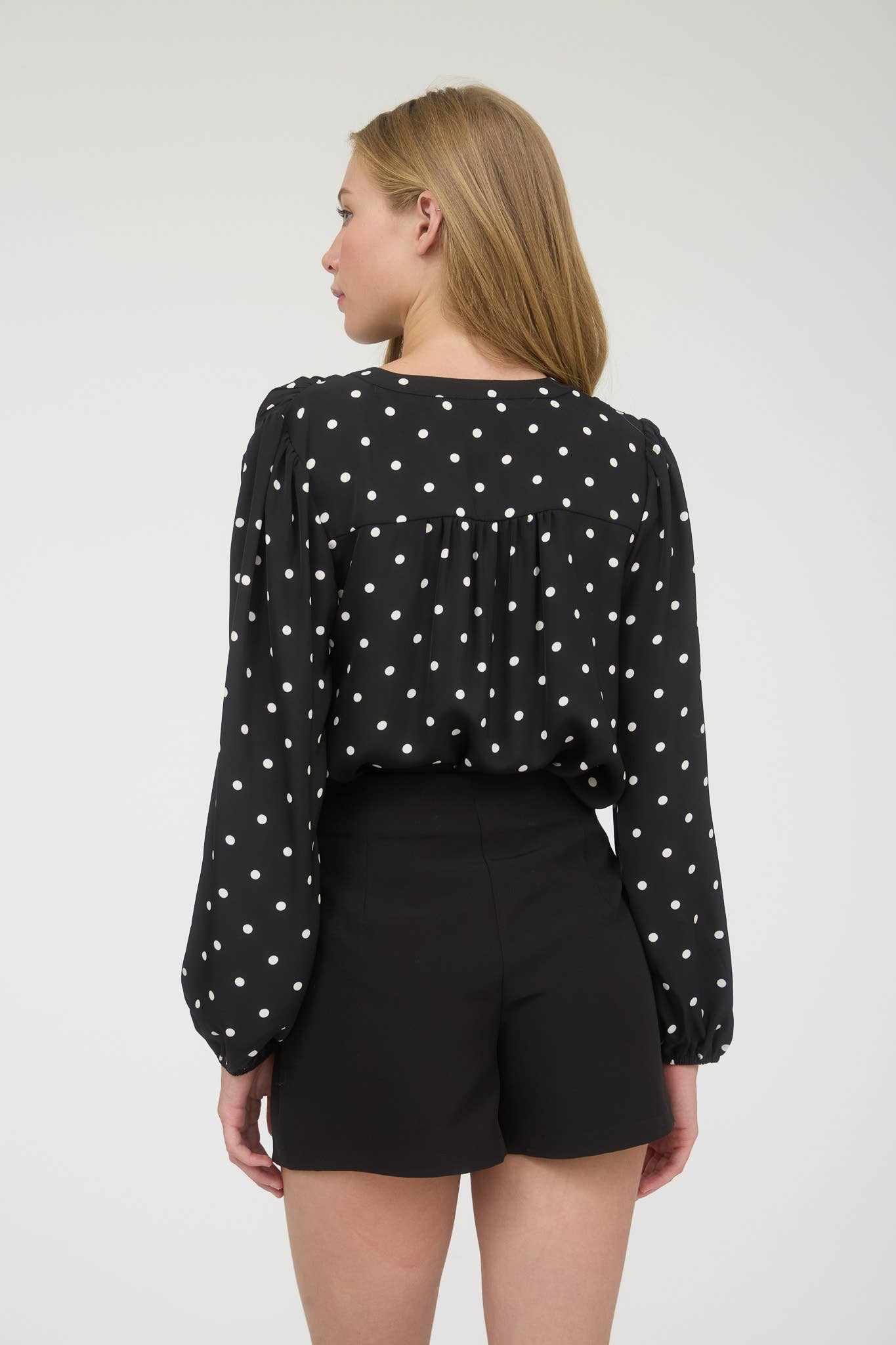 TOPS: POLKA DOT HENLEY LONG SLEEVE BLOUSE