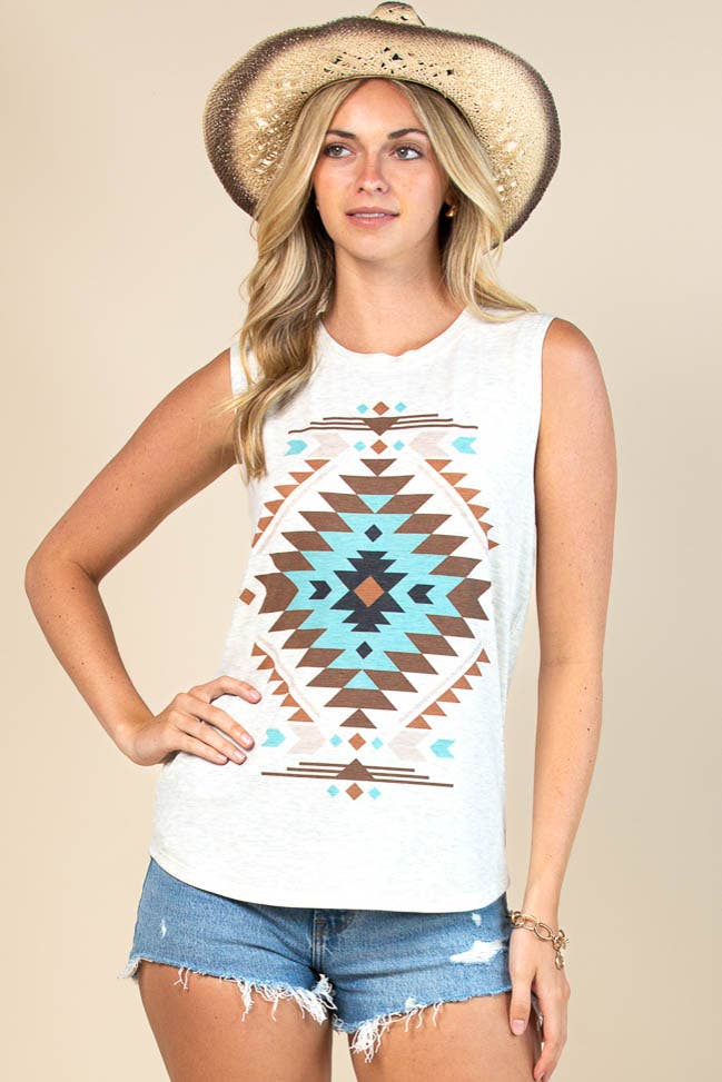 ALL TOPS: BARB AZTEC GRAPHIC SLEEVELESS TOP
