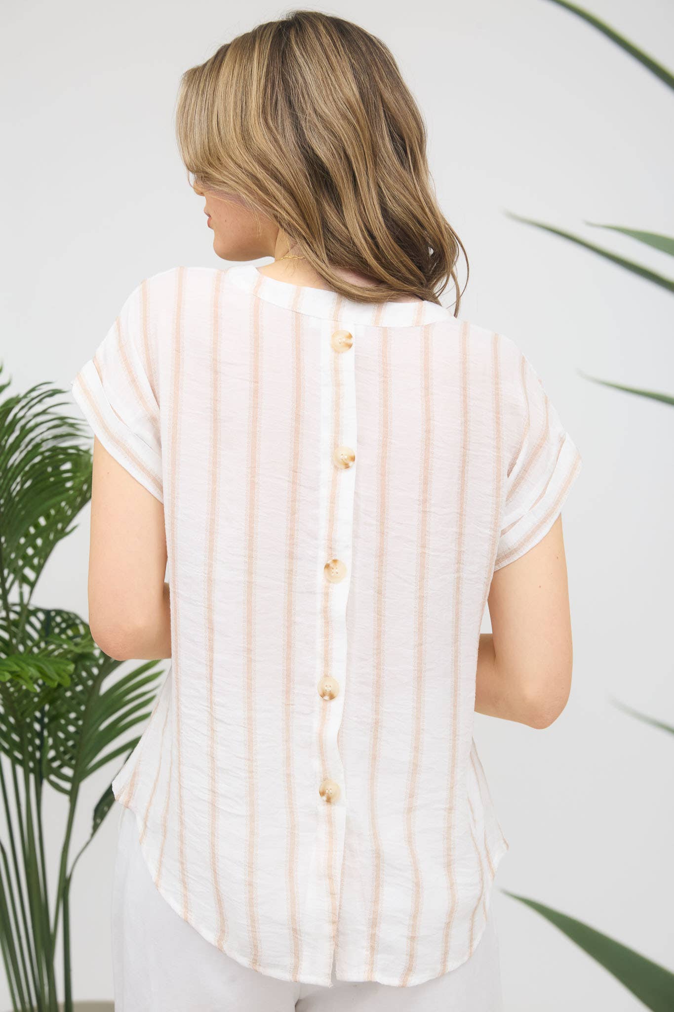 TOPS: STRIPE SPLIT NECK BACK BUTTON SHORT SLEEVE SHIRT