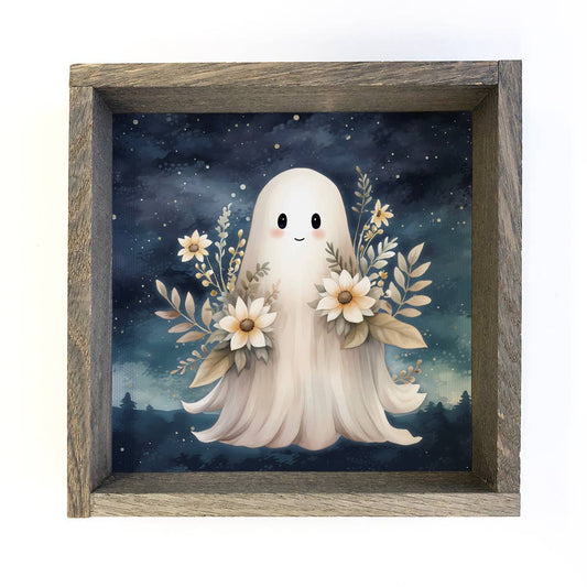 HOME: Fall Cute Ghost With Flowers - Halloween Canvas Art - Framed Art