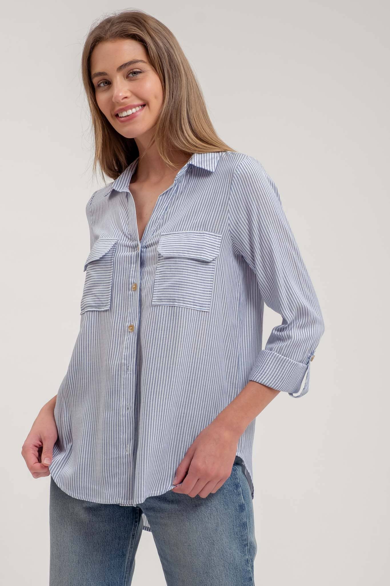 TOPS: STRIPED COLLARED BUTTON DOWN WITH POCKETS: BLACK