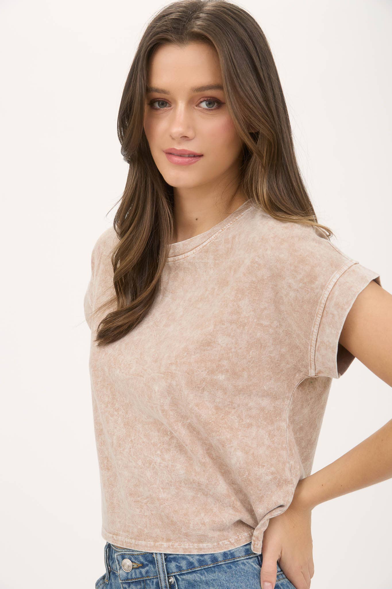 TOPS: WASHED EXTENDED SHOULDER SHORT SLEEVE KNIT TOP