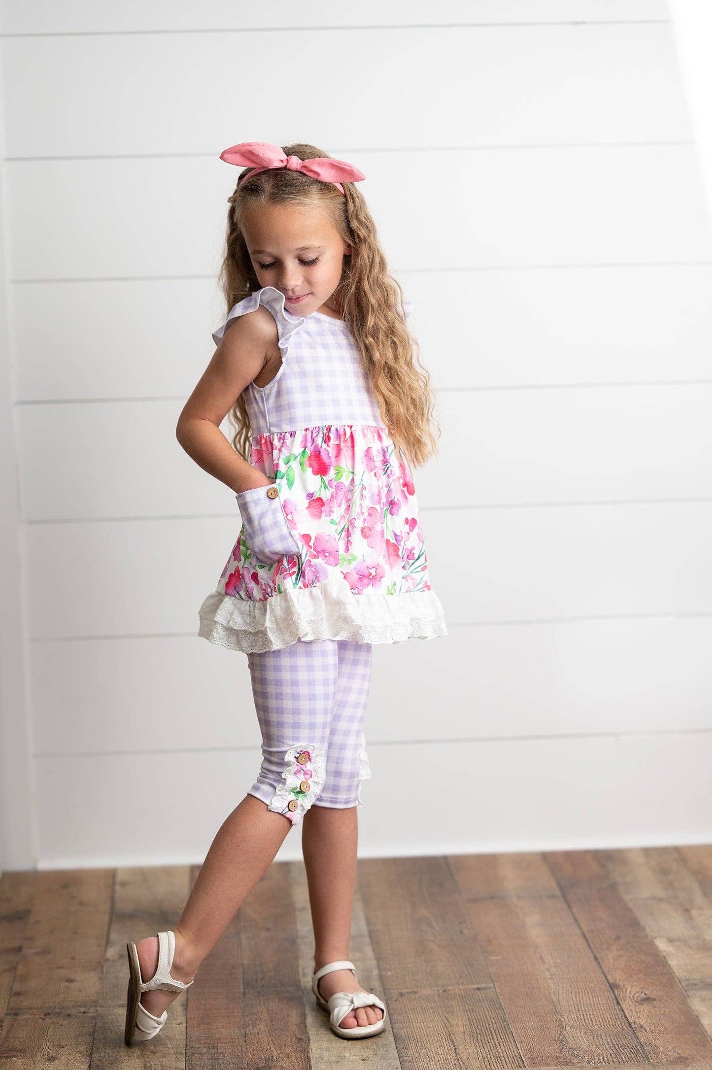 Kids Lavender Gingham & Floral Capri Ruffle Summer Set