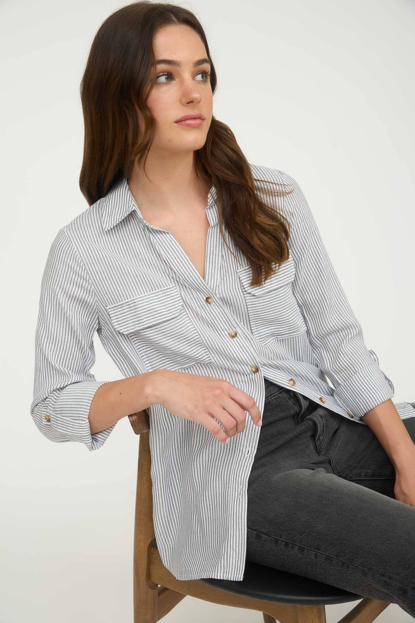 TOPS: STRIPED COLLARED BUTTON DOWN WITH POCKETS: BLACK