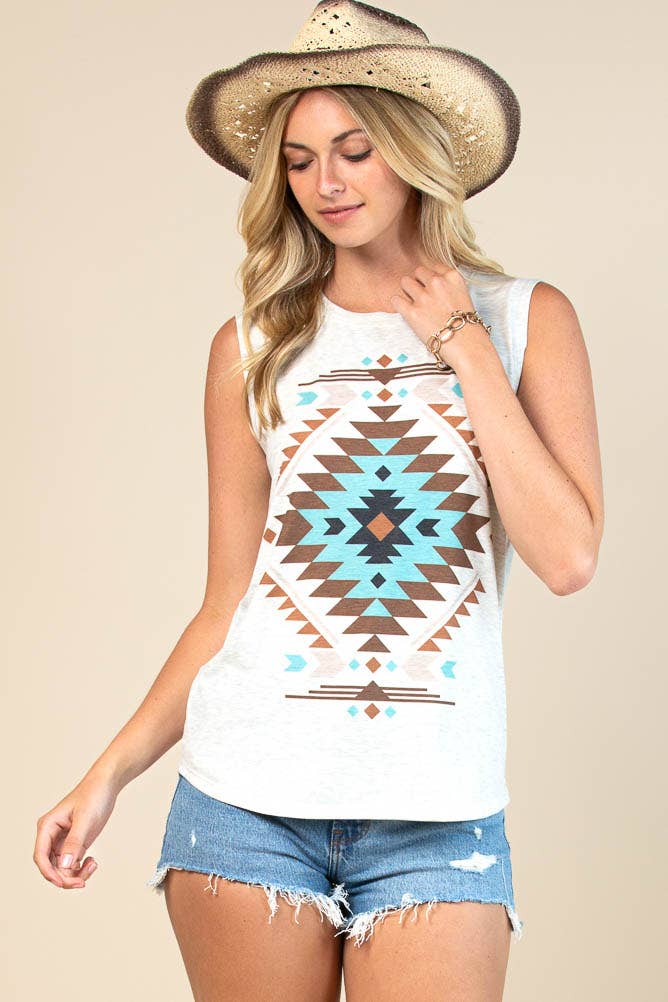 ALL TOPS: BARB AZTEC GRAPHIC SLEEVELESS TOP