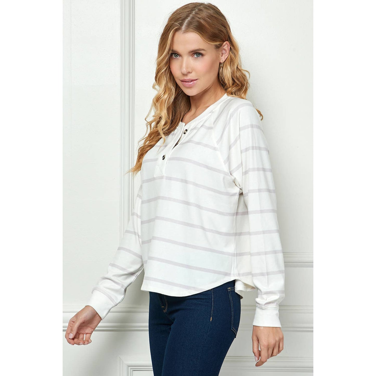 TOPS: LONG SLEEVE STRIPED KNIT TOP WITH BUTTON
