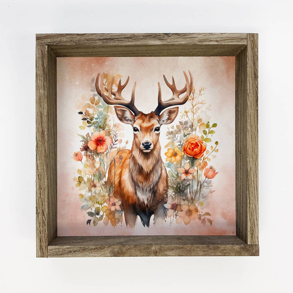 HOME: Deer in Wildflowers Wall Art - Wildlife Canvas Art - Framed