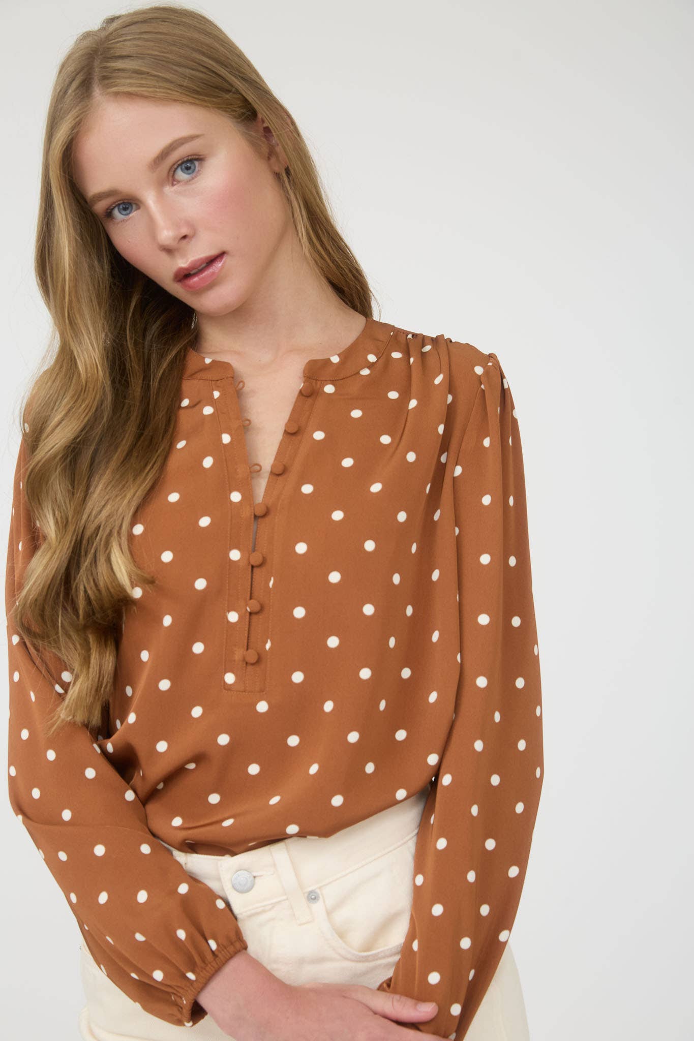 TOPS: POLKA DOT HENLEY LONG SLEEVE BLOUSE