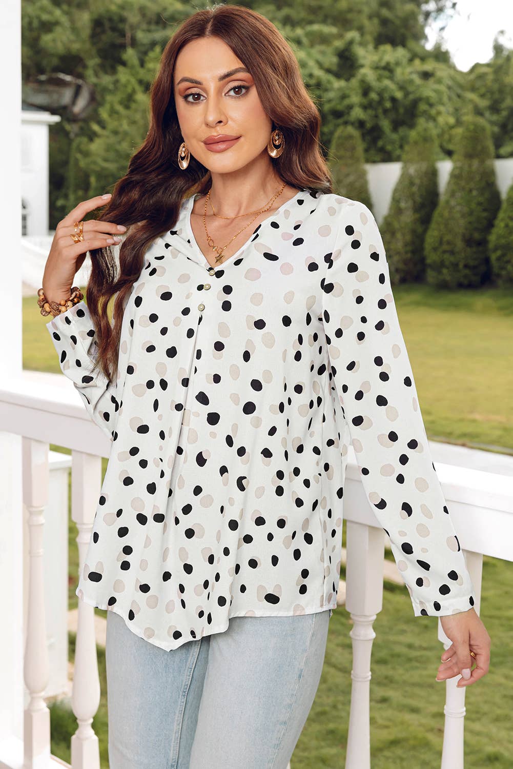TOPS: Fashion-W Polka Dot Print Button Front V Neck Blouse