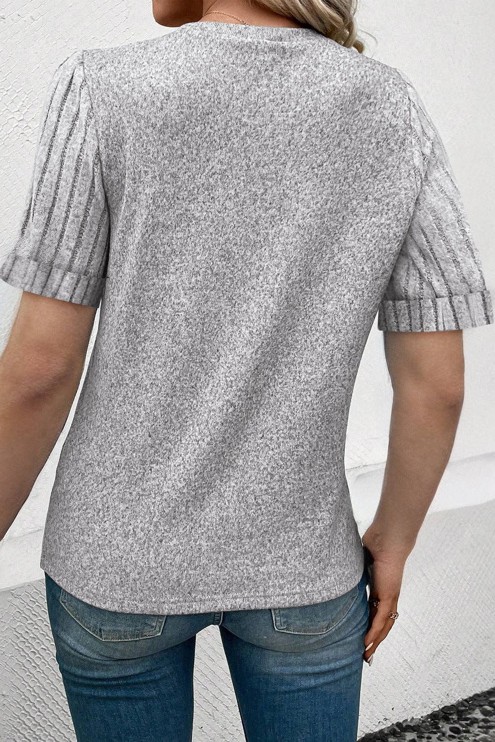 LAST CALL: Ribbed Splicing Sleeve Round Neck T-shirt