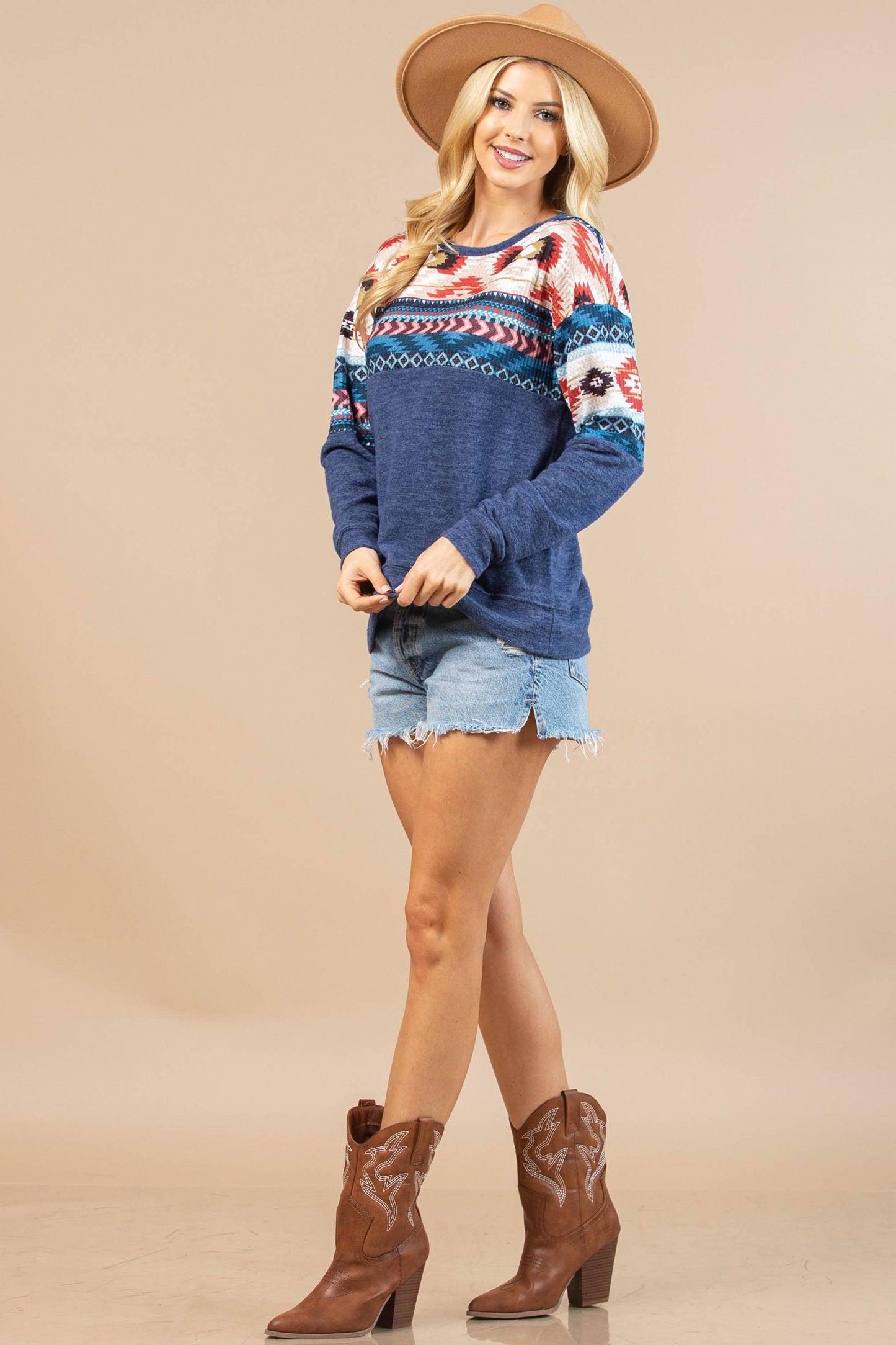 TOPS: APRIL AZTEC WAFFLE PRINT SOLID HACCI CONTRAST PULLOVER