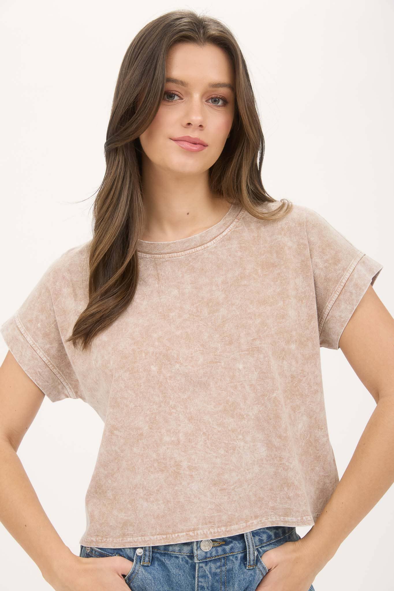 TOPS: WASHED EXTENDED SHOULDER SHORT SLEEVE KNIT TOP