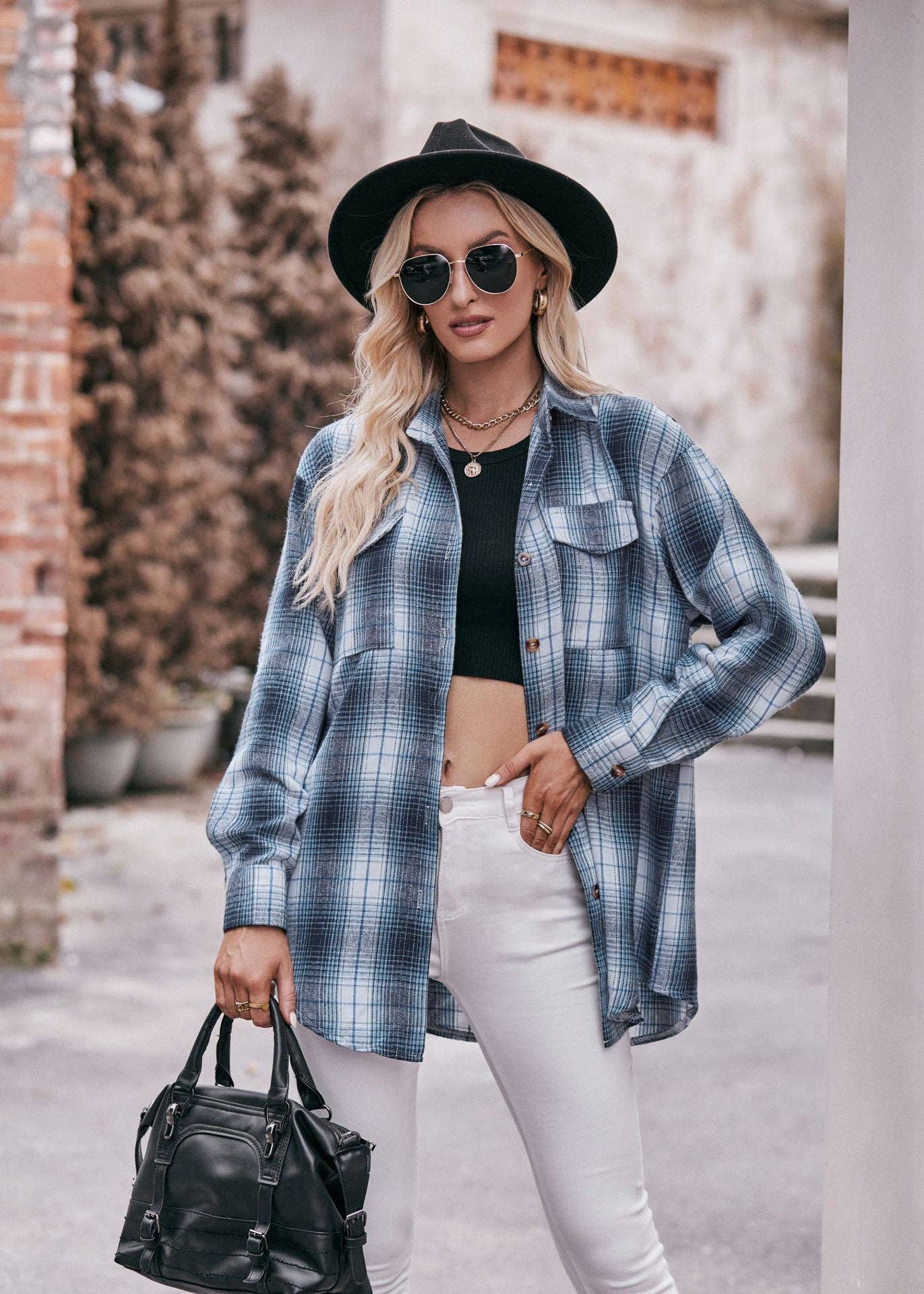 TOPS: Women's Autumn and Winter Casual Fashion Oversized Loose Plaid Shirt