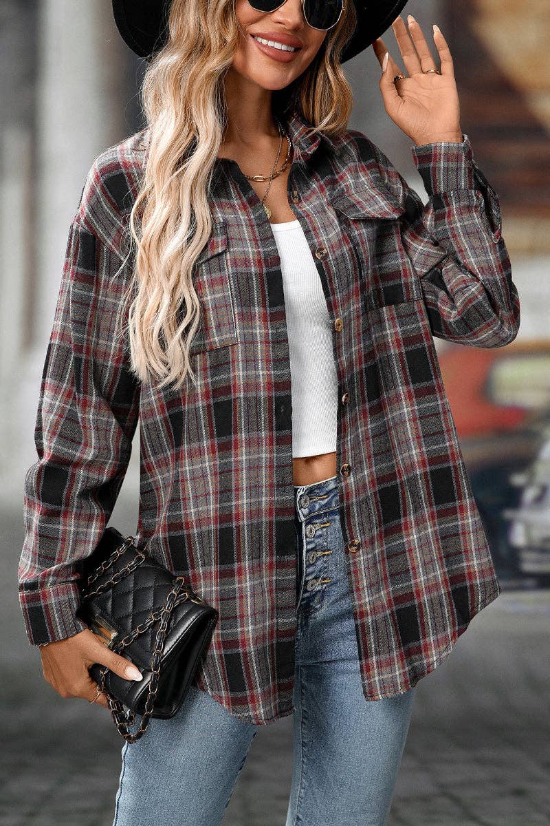 TOPS: Plaid Button Down Shirt with Chest Pockets and Tie Hem