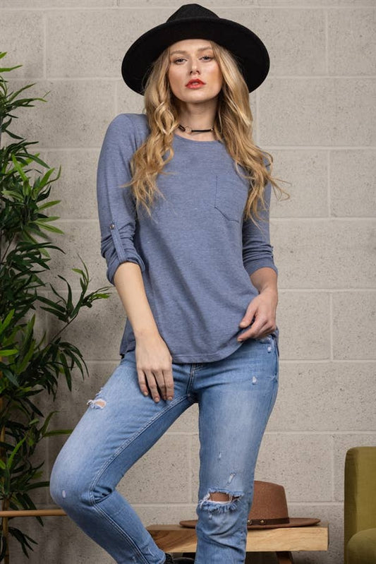 ALL TOPS: INDIGO BLUE TAB ROLLED UP 3/4 SLEEVES TOP T14097