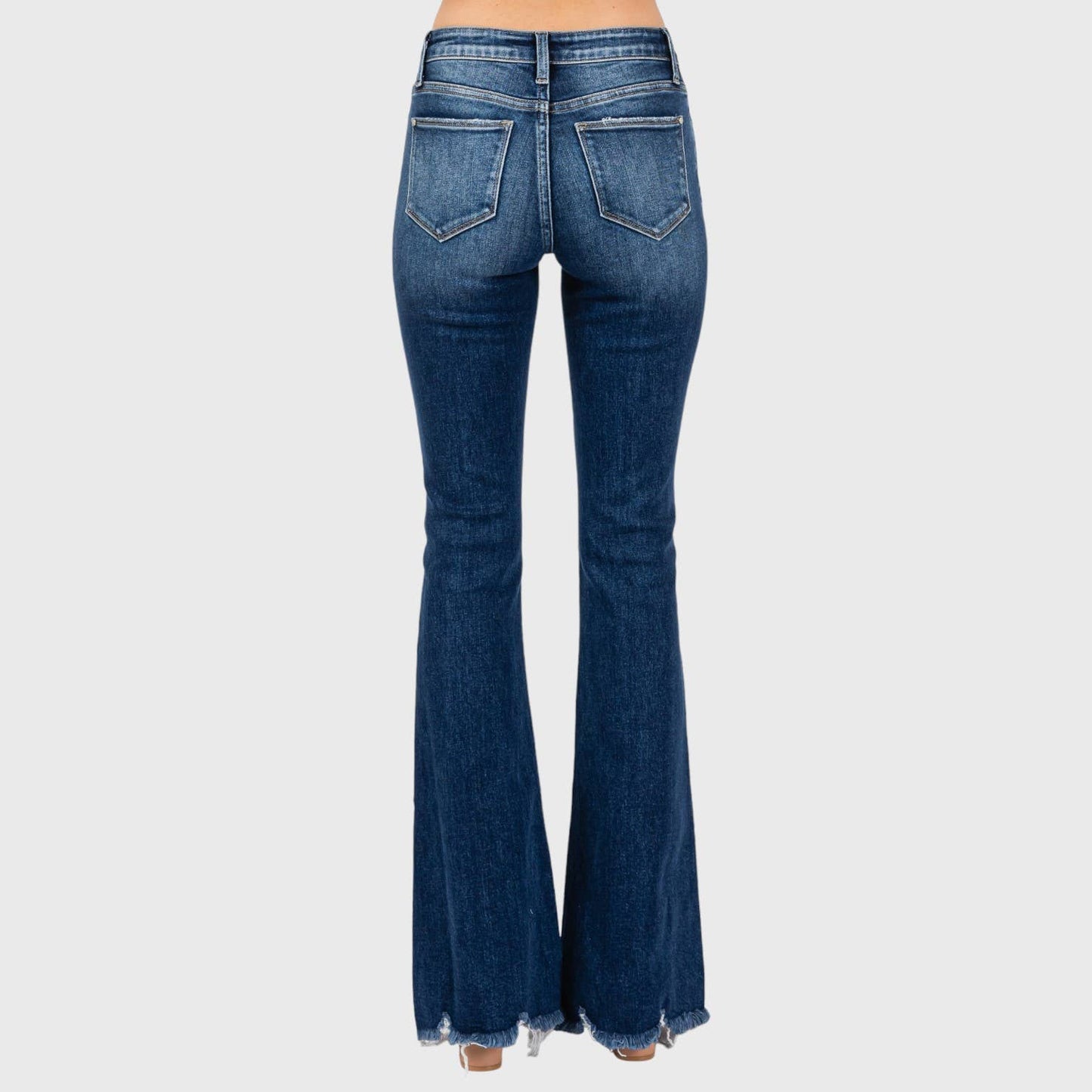 JEANS: DESTROYED PATCH WORK MID RISE FLARE W/ FRAYED HEM
