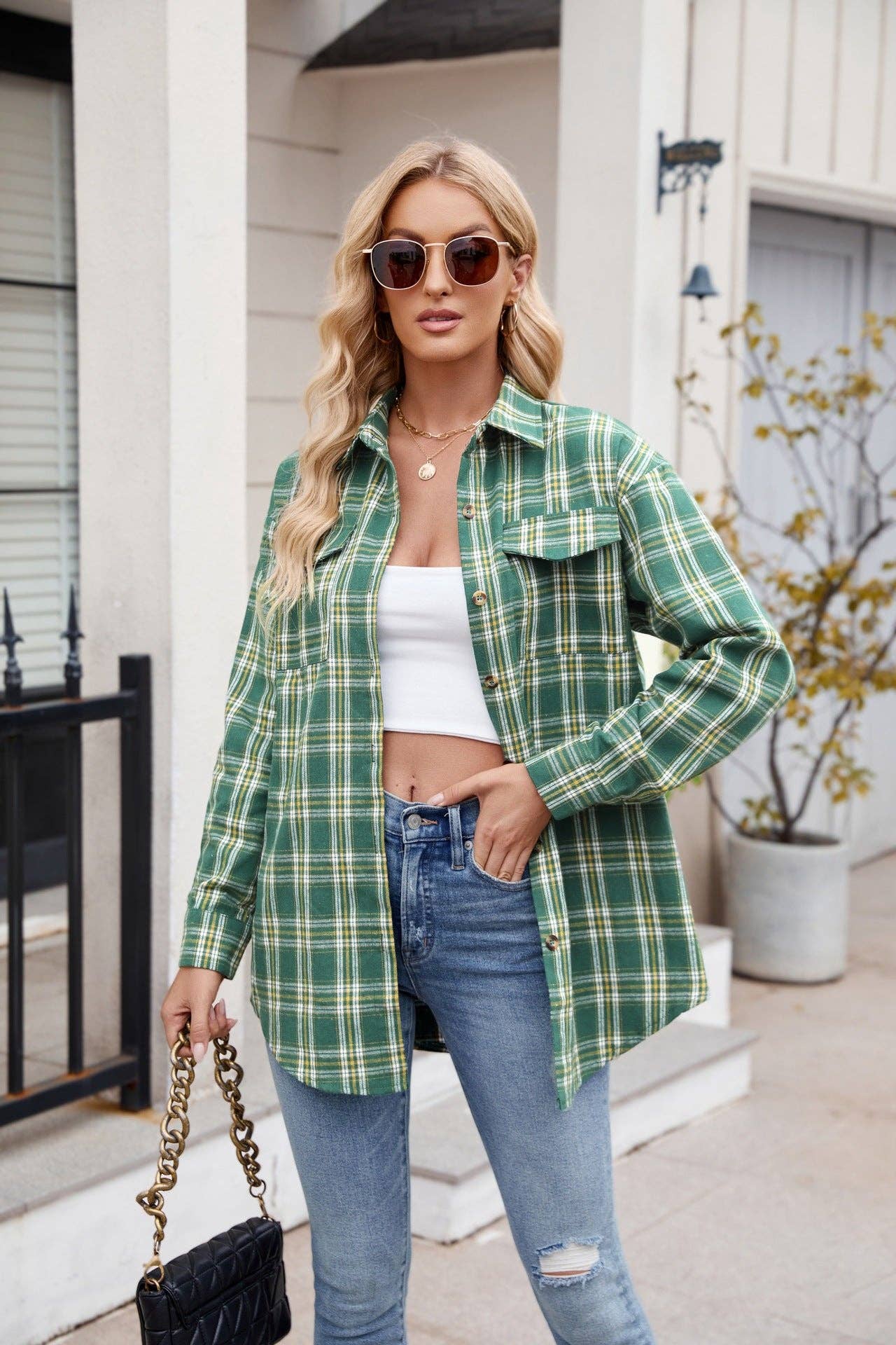 TOPS: Women's New Casual Fashion Loose Plaid Pocket Shirt