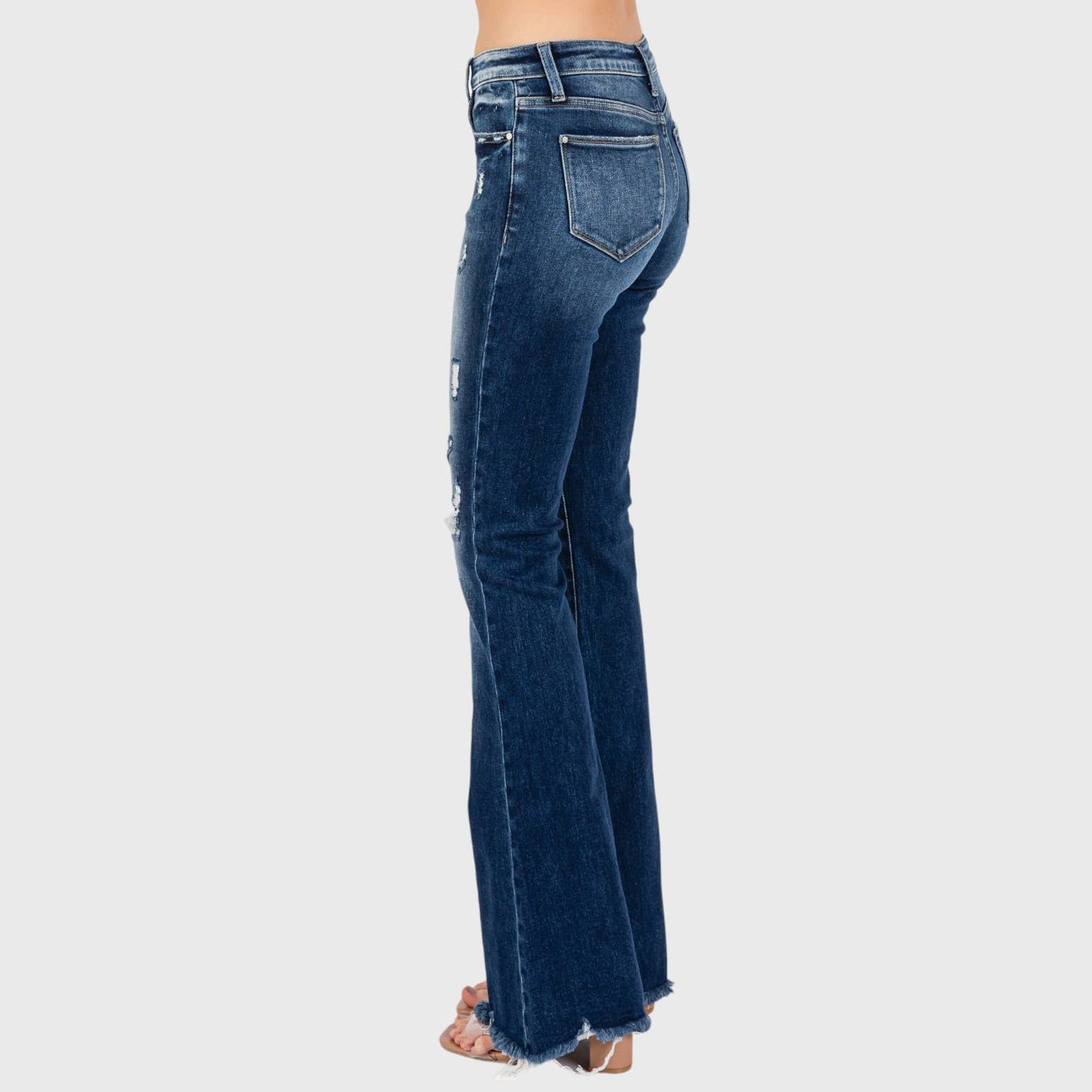 JEANS: DESTROYED PATCH WORK MID RISE FLARE W/ FRAYED HEM