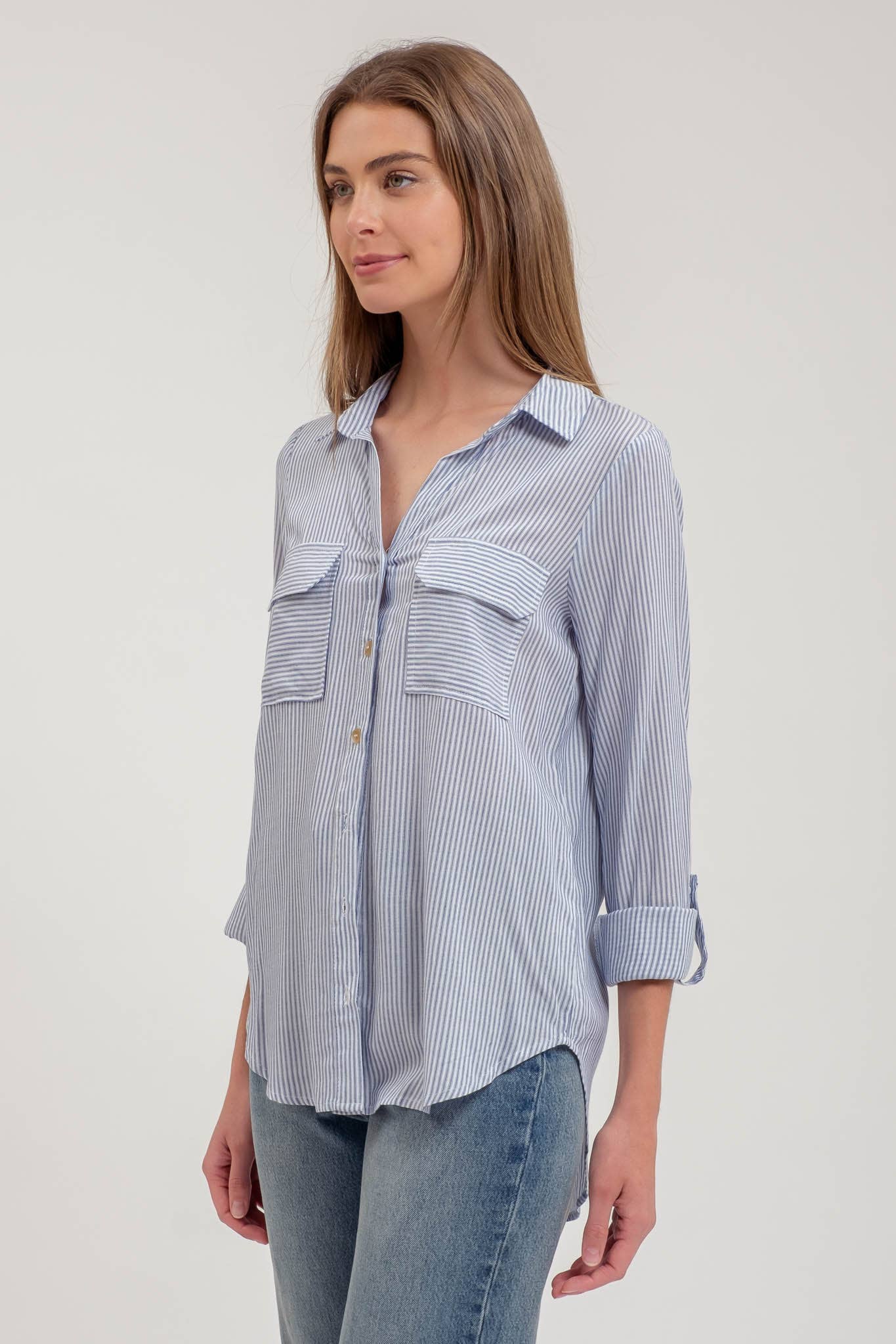 TOPS: STRIPED COLLARED BUTTON DOWN WITH POCKETS: BLACK