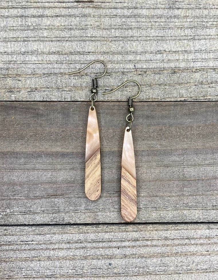 Pearly Pink Long Teardrops | Resin + Wood Bohemian Earrings
