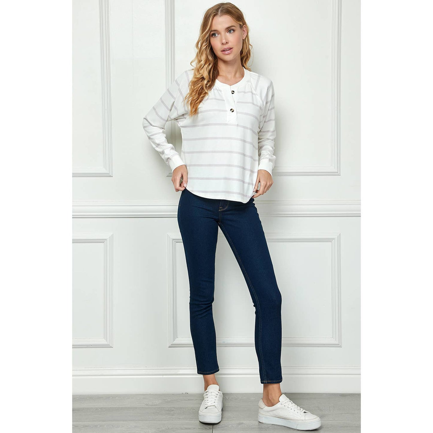 TOPS: LONG SLEEVE STRIPED KNIT TOP WITH BUTTON