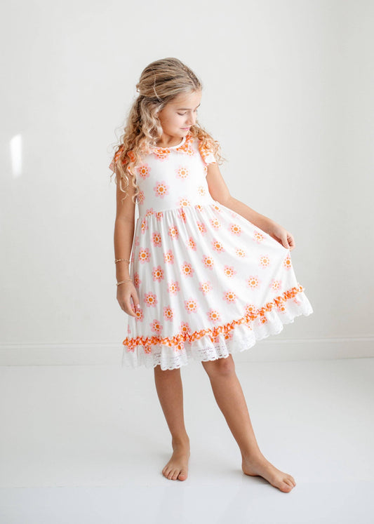 CHILDRENS: Girls Pink & Cantaloupe Flower Check Summer Dress