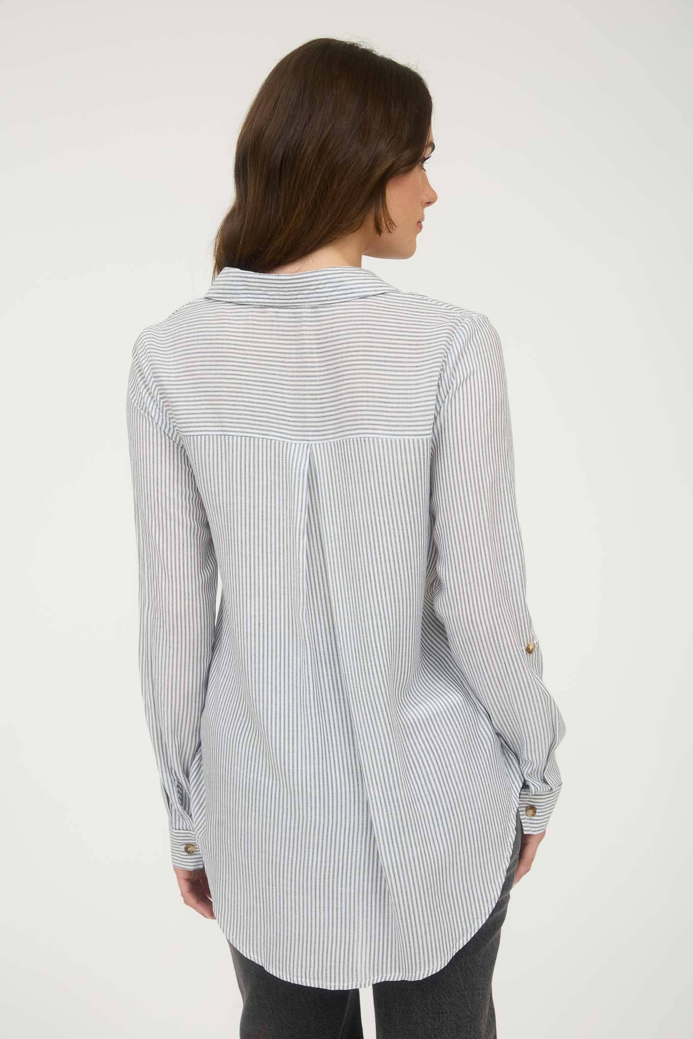 TOPS: STRIPED COLLARED BUTTON DOWN WITH POCKETS: BLACK