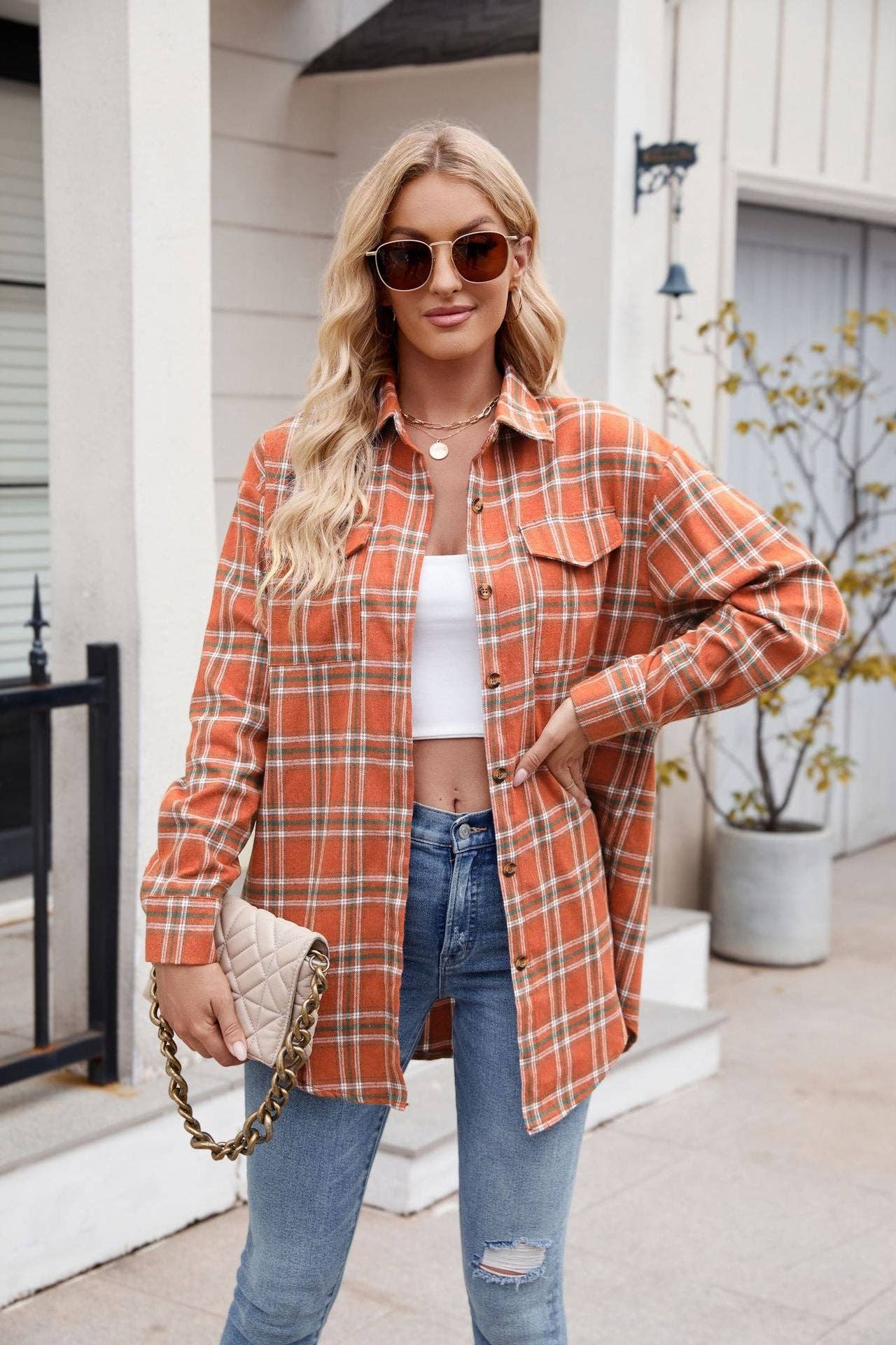 TOPS: Women's New Casual Fashion Loose Plaid Pocket Shirt