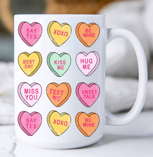 HOME: Valentine Coffee Mug Valentine Candy Hearts Messages Valentine Coffee Mug