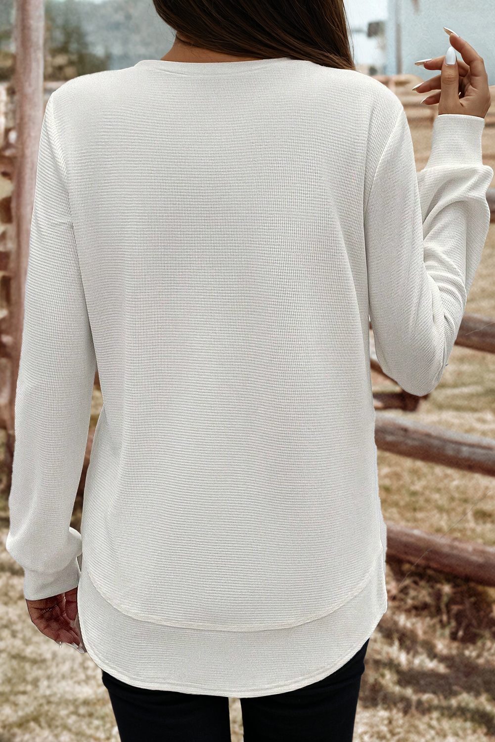 TOPS: Fashion-W Rounded Hem Waffle Long Sleeve Top